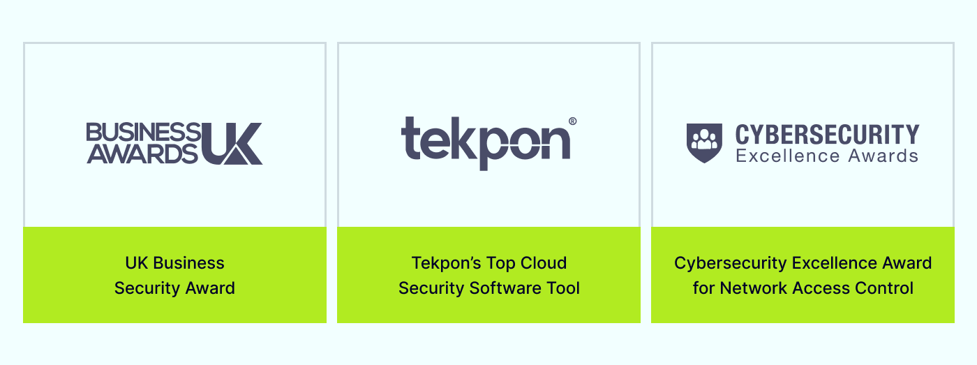 An image showing logos and badges representing awards received by NordLayer from various security industry organizations